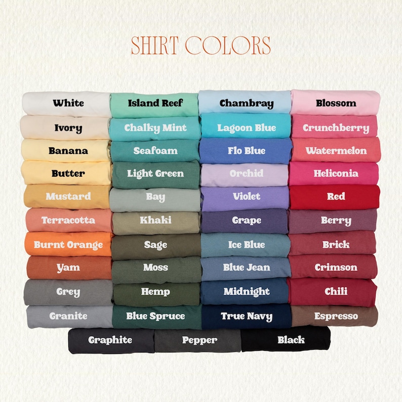 May include: A color chart displaying a variety of shirt colors, including white, blue, pink, and green. The text "SHIRT COLORS" is at the top. Each color is labeled with its name, such as "White," "Blossom," and "Berry."
