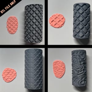 May include: Four images showcasing 3D-printed rollers and textured stamps. The rollers are dark gray with various patterns, including diamond, scale, and organic designs. The stamps are coral-colored, featuring matching textures. The top left corner of the image has the text "STL FILE ONLY".