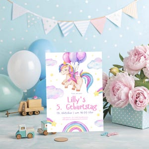 Invitaciones de cumpleaños de unicornio personalizadas (juego de 10, incluye sobres) Tarjeta de alta calidad para niñas con arcoíris y globos.