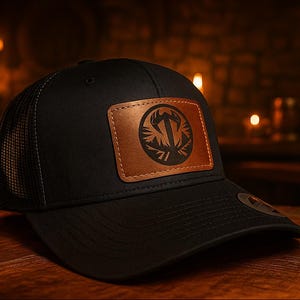 D&D Class Leather Patch Hat – Custom Trucker Cap with Engraved Emblem (Barbarian, Wizard, Rogue, More)