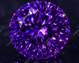 Könnte beinhalten: Ein runder, facettierter, tiefvioletter Edelstein mit Brillantschliff. Der Edelstein reflektiert das Licht und erzeugt einen Sternausbruch-Effekt. Das Wort "Fayzagems" wiederholt sich um den Edelstein.