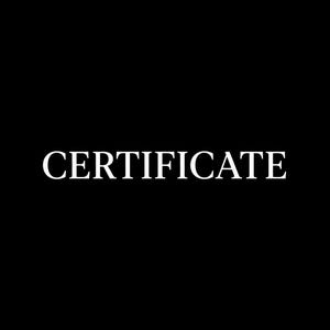 May include: The word "CERTIFICATE" is displayed in a white, elegant font against a solid black background. The text is centered, creating a simple yet impactful design.