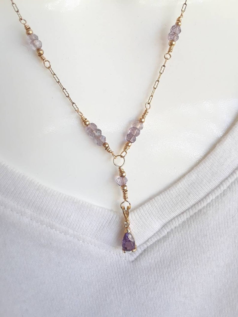 10K Amethyst and diamond pendant on gold filled wamethyst beaded chain