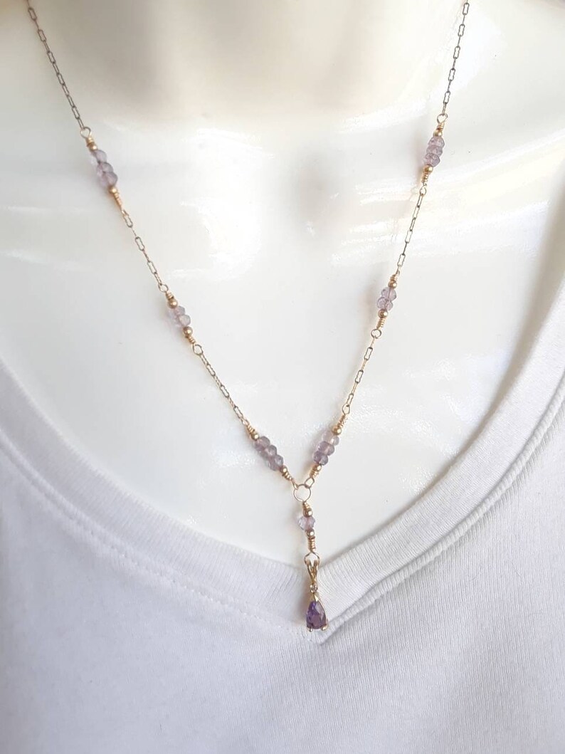 10K Amethyst and diamond pendant on gold filled wamethyst beaded chain