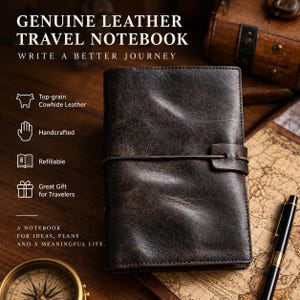Könnte beinhalten: Ein dunkelbraunes Reise-Notizbuch aus echtem Leder mit strukturierter Oberfläche und Lederbandverschluss. Der Text lautet: GENUINE LEATHER TRAVEL NOTEBOOK, WRITE A BETTER JOURNEY, Top-grain Cowhide Leather, Handcrafted, Refillable, Great Gift for Travelers.