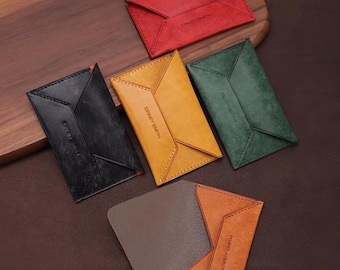 Minimal Leather Envelope Card Holder | Slim Bifold Card Sleeve | Two-Tone Genuine Leather | Handmade Card Wallet