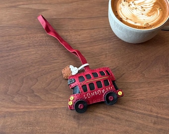 Double-Decker Bus Leather Charm, Handmade Sheep Leather Bag Pendant, Vintage British Style