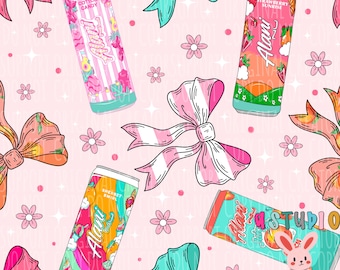 Girly Energy Bow Drink Seamless Pattern – Cute Energy Drink Digital Paper, Pink Caffeine Clipart, Kawaii Soda PNG, Fun Scrapbook Background