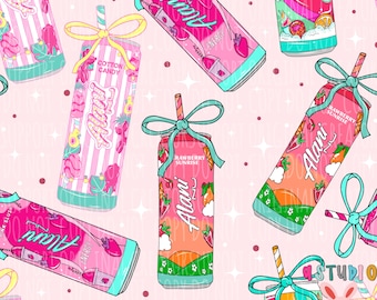 Girly Energy Drink Seamless Pattern – Cute Energy Drink Digital Paper, Pink Caffeine Clipart, Kawaii Soda PNG, Fun Scrapbook Background