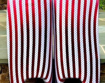 Couvre-jambes de gardien de but intérieur en spandex à rayures rouges et blanches métallisées avec étoiles royales, taille M/L