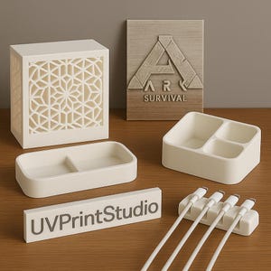 May include: A collection of white 3D-printed organizers and accessories. Items include a geometric patterned box, a divided tray, a multi-compartment container, a cable organizer, and a sign that reads "UVPrintStudio". Also, a wooden plaque with the text "ARK SURVIVAL".