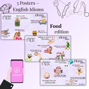 3 English Idioms Posters – Fun Food Expressions for ESL Learners | Printable PDF