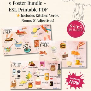 9 Kitchen Posters Bundle | ESL Printable PDF for English Learning | Verbs, Nouns, Adjectives | Classroom Decor