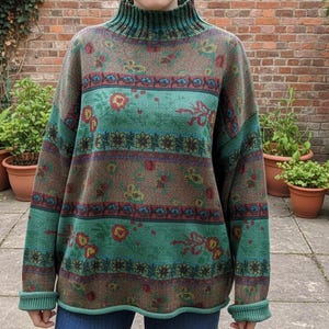 Pode incluir: Uma camisola de gola alta estampada em tons de castanho, verde e vermelho. A camisola apresenta um design floral e riscas horizontais. As mangas e a gola são verdes. A modelo está a usar calças de ganga azuis.