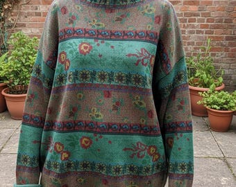 Turtleneck Floral Knitted Jumper: Warm Oversized Cotton Cottage Style Sweater