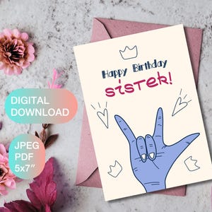 Cartão de aniversário para irmã – Cartão comemorativo 5x7” para impressão – Download digital fofo – Presente instantâneo