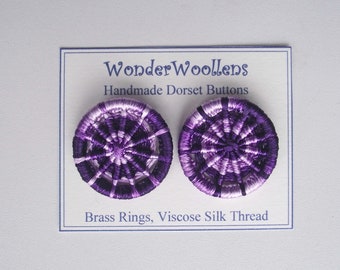 Dorset Buttons or Embellishments, Two x  3.3cm, Handmade from Variegated Purple Viscose Silk Thread & Brass Rings, FREE UK SHIPPING!