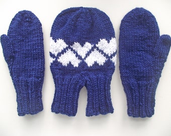 Love Gloves, Couples Gift, Lovers Mittens, His 'n' Hers Mittens, Valentines Day, Knit in Navy Blue Acrylic Yarn with White Hearts