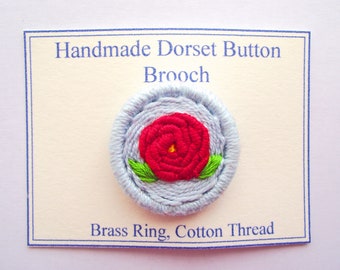 Red Rose Dorset Button Brooch or Pin, 3.4cm, Red Flower, Handmade with Cotton Thread and Brass Ring, FREE UK SHIPPING!