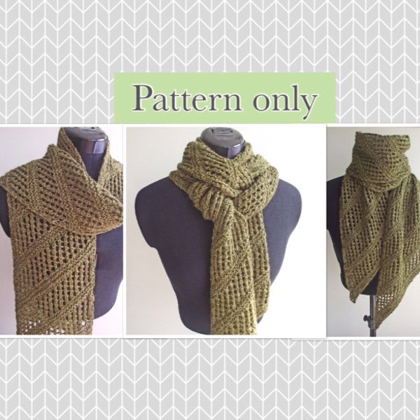 Knitting Pattern for Lacy Diagonal Scarf, Digital PDF Download, PATTERN ONLY