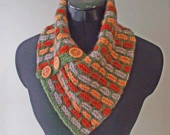 Knitted Handspun Cowl, Buttoned Scarf, Dickie, Neckwarmer, Green, Peach, Rust, Fawn Merino Wool, Brick Stitch, FREE UK, US Shipping!