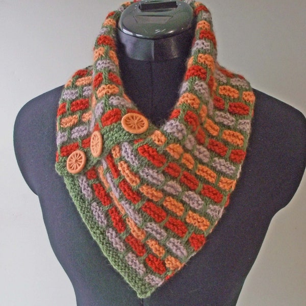 Knitted Handspun Cowl, Buttoned Scarf, Dickie, Neckwarmer, Green, Peach, Rust, Fawn Merino Wool, Brick Stitch, FREE UK, US Shipping!