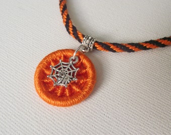 Halloween Necklace with Orange Dorset Button, Cobweb & Spider Charm, Orange and Black Kumihimo Braid, SHIPS FREE to UK!