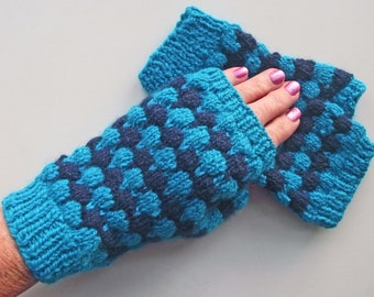 Fingerless Texting Gloves, Wristwarmers or Mitts, Knitted from Handspun Pure Merino Wool, Navy & Turquoise, Bubble Stitch, FREE UK SHIPPING!