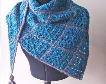 Shawl, Wrap or Scarf, Knitted from Handspun Turquoise and  Grey Merino Wool, with Recycled Sari Silk, OOAK Design, Free UK & US Shipping!!