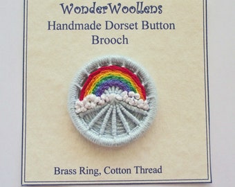 Rainbow Dorset Button, 4.4cm Brooch or Pin,  Mothers' Day Gift, Handmade, Cotton Thread on Brass Ring, with Brooch Pin, FREE UK SHIPPING!