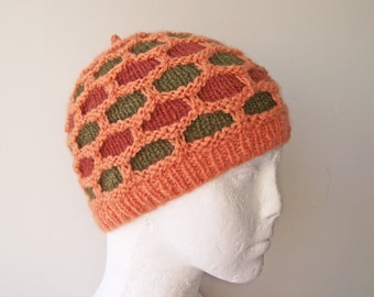 Hat, Cap, Beanie or Toque, Knitted in Handspun Peach, Rust and Green Soft Merino Wool, Honeycomb Stitch, FREE UK SHIPPING!