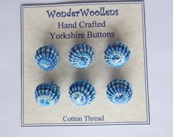 Yorkshire Buttons, Embellishments, Hand Crafted with Variegated Blue Cotton Thread, Set of Six Spherical Buttons, FREE UK SHIPPING!