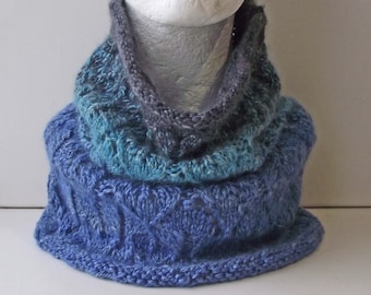 Lacy Cowl, Scarf or Neck Warmer, Super Soft Handspun Knitted Gradient, Grey Blue Merino and Silk, Mothers' Day Gift,  FREE UK, US Shipping!