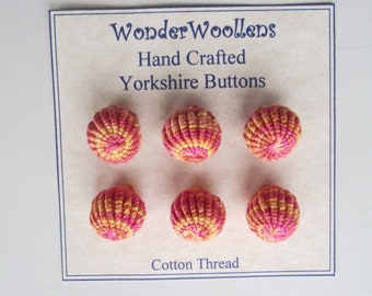 Yorkshire Buttons, Embellishments, Hand Crafted with Yellow, Pink, Orange, Cotton Thread, Set of Six Spherical Buttons, FREE UK SHIPPING!