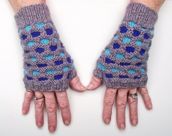 Fingerless Texting Gloves, Wristwarmers or Mitts, Knit from Handspun Merino Wool, Grey, Blue, Turquoise, Honeycomb Stitch, FREE UK SHIPPING!