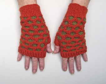 Fingerless Texting Gloves, Wristwarmers or Mitts, made from Handspun Rust and Green Merino Wool, Honeycomb Stitch, FREE UK SHIPPING!