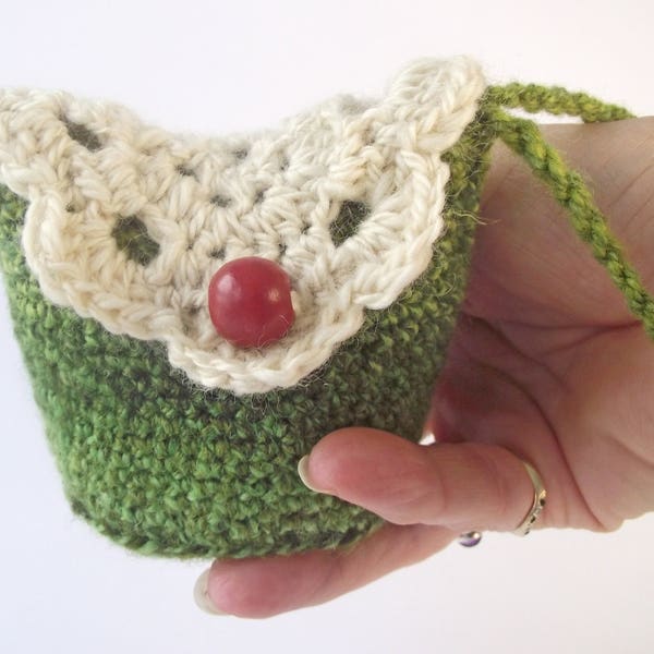 Wrist Pouch, Purse or Bag, made with Crocheted Variegated Green and Cream Handspun Yarn, FREE UK SHIPPING!