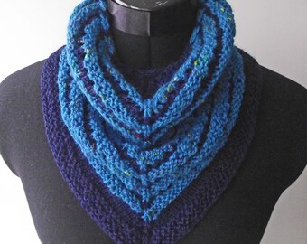 Neckwarmer, Neckerchief, Scarf or Kerchief Cowl, Knitted from Handspun Navy and Turquoise Merino Wool, Sari Silk  FREE UK, US shipping!