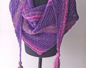 Asymmetrical Scarf, Wrap or Shawl, Purple, Pink and Green, Handspun Knitted, Merino Wool, Silk,  Mothers' Day Gift, FREE UK, US Shipping!