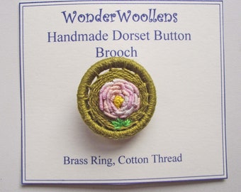 Pink Rose Dorset Button Brooch or Pin, 3.4cm, Pink Flower, Handmade with Cotton Thread and Brass Ring, FREE UK SHIPPING!