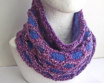 Cowl, Neck Warmer, Scarf, Handspun Knitted Honeycomb Stitch,  Merino and Rose Fibre, Pink, Purple, Blue, Gift Idea, FREE UK & US shipping!