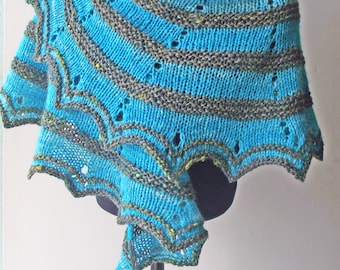 10% off! Crescent Shawl, Wrap or Scarf, Knitted from Handblended, Handspun Yarn in Turquoise and Green, Own Design, FREE UK SHIPPING!!
