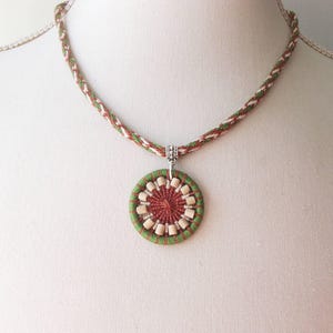 Handmade Necklace, Dorset Button and Kumihimo Braid, Green, Brown, Cream, Exclusive Design, Gift