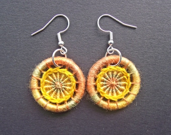 Drop or Dangle Earrings, Dorset Buttons, Handmade from Variegated Gold Silk Thread & Hollow Brass Rings FREE UK SHIPPING!