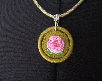 Rose Dorset Button and Kumihimo Statement Necklace, Mothers' Day Gift, Made from Pink & Green Cotton Thread, Brass Ring, FREE UK SHIPPING!