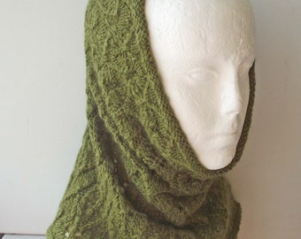 Lacy Cowl, Snood, Scarf or Neck Warmer, Knitted from Soft Olive Green Handspun Merino Wool, Gift for Him or Her, FREE UK SHIPPING!