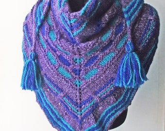 10% OFF! Shawl, Wrap or Scarf, Knit from Handspun Purple, Blue and Turquoise Merino Wool and Silk, Mothers' Day Gift, Free UK, US Shipping!!