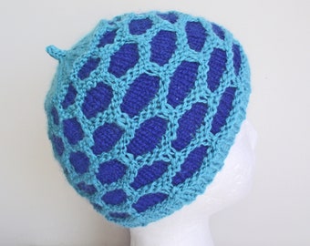 Hat, Cap, Beanie or Toque, Knitted in Handspun Turquoise and Royal Blue Soft Merino Wool, Honeycomb Stitch, FREE UK SHIPPING!