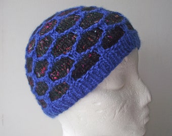 Handspun Knitted Hat, Cap, Beanie or Toque, Royal Blue and Black Merino Wool, Multi Sari Silk Yarn, Honeycomb Stitch, FREE UK SHIPPING!