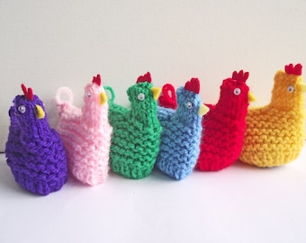 Easter Chicken Egg Cosies, Set of 6 Knitted Chickens, Easter Gift, Egg Hunt or Display, made from Knitted Acrylic Yarn, FREE UK SHIPPING!